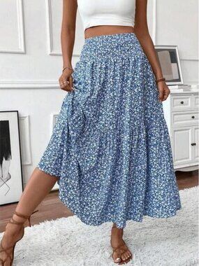 Women's Long Ditsy Floral Skirt, Casual Elastic Waist With Pockets, Ruffle Hem,
